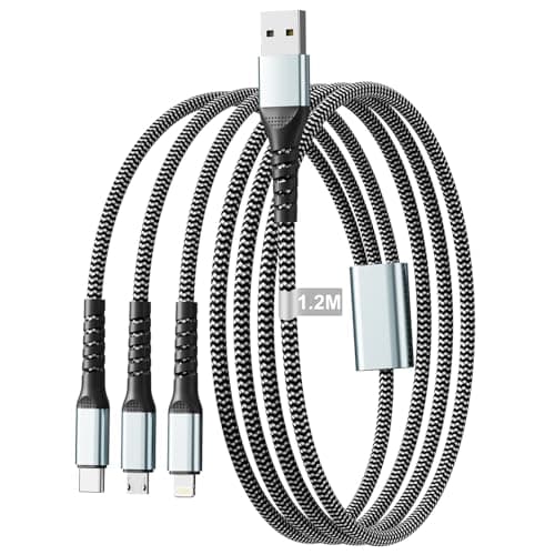 Image of Multi Charger Cable 1.2M, 3 in 1 Multi Charging Cable Braided iPhone Charger cable include USB to USB C Charger Cable/Lightning/Micro USB/Type C Lead for iPhone 17 16 15 14 13 X,Samsung Huawei,Android