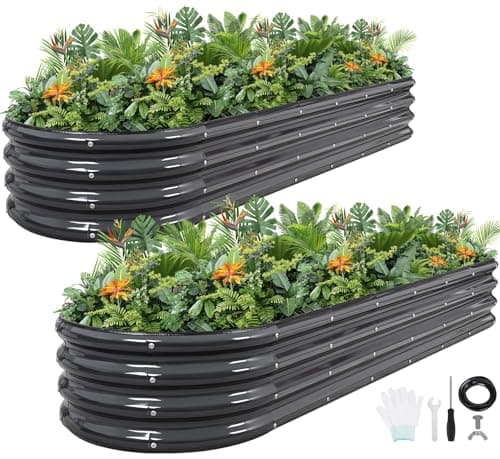 Image of Galvanized Metal Raised Garden Bed Kit - 240x60x30CM Outdoor Planter Box with Safety Edging and Gloves for Vegetables, Fruits, Flowers.Grey-2Pack