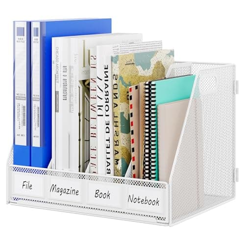 Image of EasyPAG Desktop Metal A4 4 Compartments Magazine File Holder,Mesh Desk Tidy,Office Document Literature Ring Binder Paper Organiser,Filing Rack,White