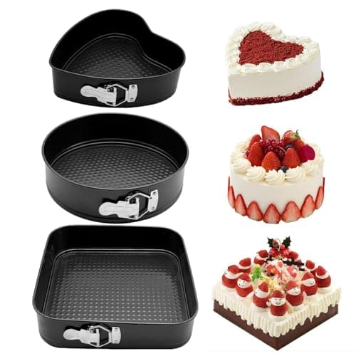 Image of GZMAISULEE Springform Cake Pan Set of 3 (7, 8, 9 Inch) Heart Round Square Leakproof Nonstick Cheesecake Pans with Removable Bottom Carbon Steel Bakeware