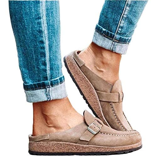 Image of FMOGE Womens Flat Mule Sandals Summer Clogs Suede Flat Slipper Round Toe Backless Slip on Loafer Shoes Comfy Closed Toe Lady Fashion Boat Shoes