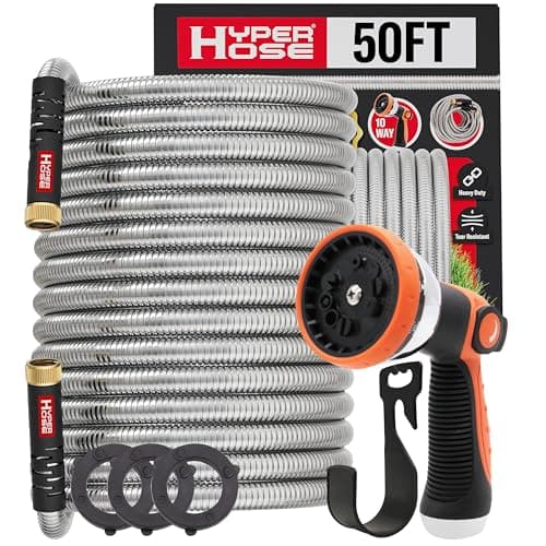 Image of Best 50 ft Metal Garden Hose Set - No-Kink Durable 316 Stainless Steel, 10-Way Zync Spray Nozzle & Hook – Tough Flexible Heavy Duty Water Hoses, Naval Brass, Rust, Weather, LeakProof