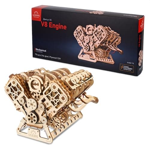 Image of UGEARS V8 Engine Model Kit - Advanced Wooden 3D Puzzle for Adults - DIY Gift for Engineers - 776 Pieces