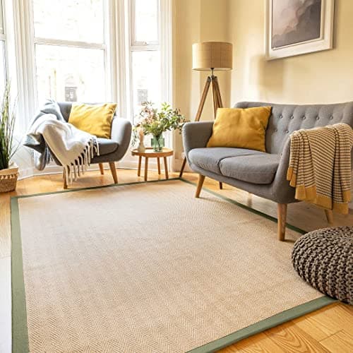 Image of Sustainable Olive Green Cotton Border Herringbone Natural Jute Area Rug Non Slip Durable Flatweave Mat Sisal Living Room Entrance Kitchen Hallway Carpet Rugs 120cm x 170cm