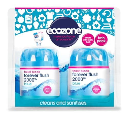 Image of EcoZone Forever Flush 2000 Blue Toilet Blocks, Eco Friendly Alternative to Loo Rim Hangers, Cistern Capsules Clean & Descale WCs, Natural Vegan & Non Toxic Cleaner, Recyclable Plastic (Set of 2)
