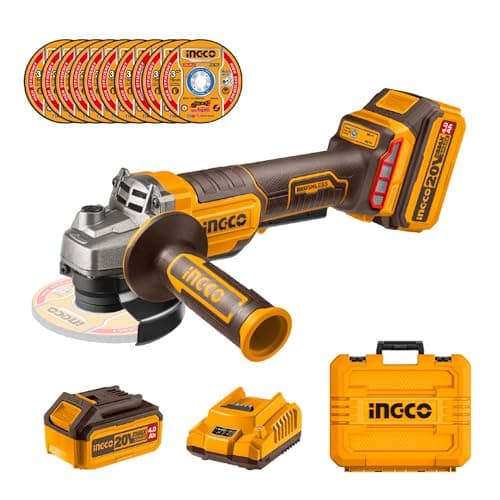 Image of INGCO Cordless Angle Grinder 115mm with Safety Trigger Switch 20V Brushless Grinder Tools 8000RPM with 1Pcs 4.0Ah Battery and Charger, 10Pcs Cutting Discs CAGLI2111561