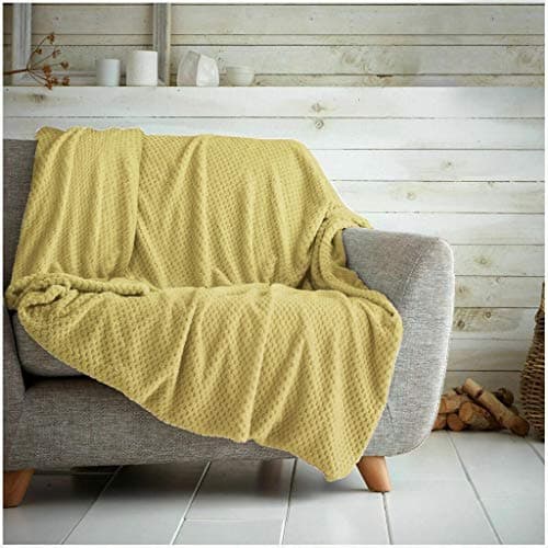 Image of Hanfords Waffle Honeycomb Throw Blanket Soft Warm Throw Over Sofa Bed Travel Bedspread (Ochre Yellow, Double - 150 x 200cm)
