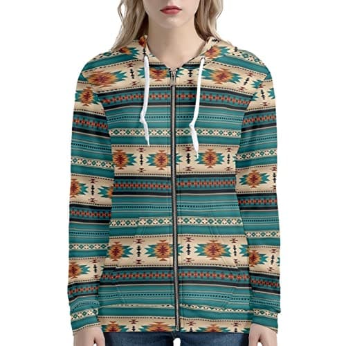 Image of SCRAWLGOD Women Zip Up Hoodie Native American Strips Turquoise Print Causal Long Sleeve Sweatshirt Oversized Jacket Plus Size XS-5XL