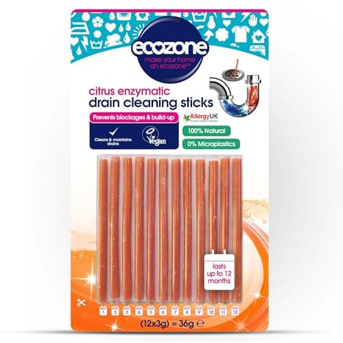 Image of EcoZone Drain Cleaning Sticks, Enzymatic Pipe Unblocker, Prevents Plug Hole Obstructions & Keeps Water Flowing Freely, Natural Vegan & Non Toxic Kitchen & Bathroom Treatment Kit (x 12, 1 Year Supply)