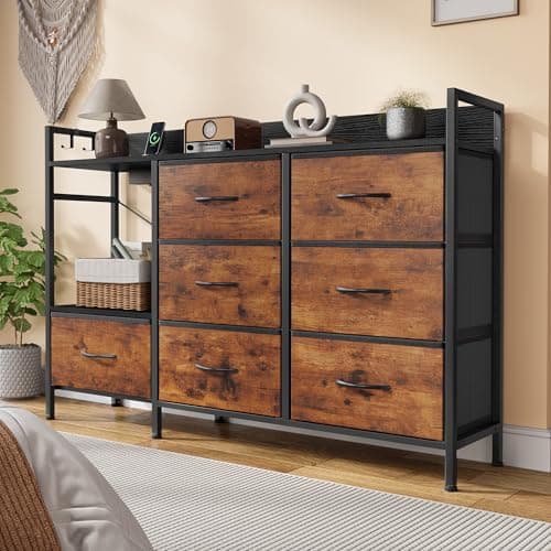 Image of DWVO Chest of Drawers Bedroom,Dresser with 7 Fabric Drawers 2 Sockets 2 USB Ports,TV Cabinet with Side Hooks,Rustic Brown