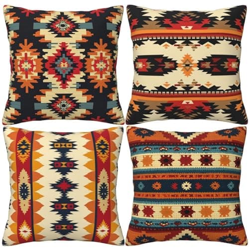Image of HOSTECCO Tribal Cushion Covers 50x50 cm Set of 4 Aztec Ethnic Cushion Cases Western Decorative Pillow Covers for Sofa Couch