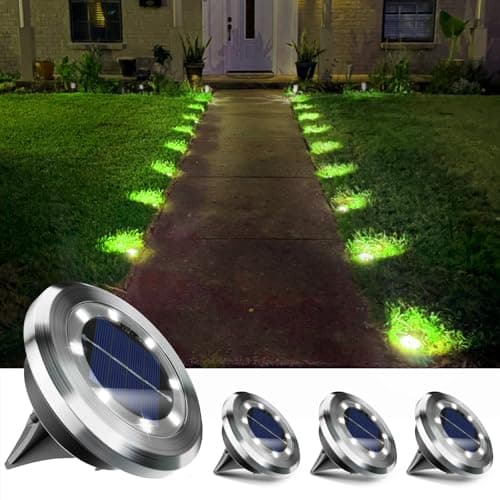 Image of Anordsem Solar Lights Outdoor Garden: 4 Pack Stainless Steels 8 LED Ground Light - Waterproof White Lighting for Pathway Deck - Gardening Gifts for Christmas Decorations