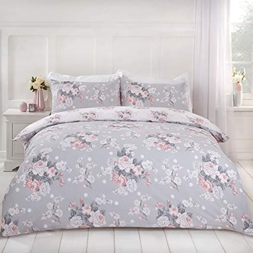 Image of Dreamscene English Rose Duvet Cover with Pillow Case Reversible Floral Bedding Set, DDHSEROGR02, Grey Blush White, 3 pieces, Double