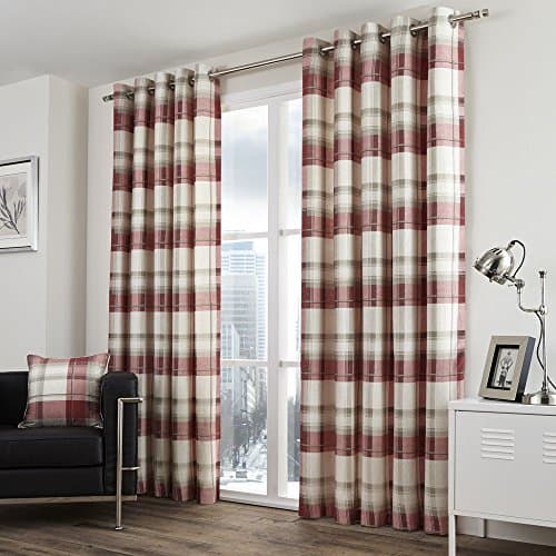 Image of Fusion - Balmoral Check - 100 Percent Cotton Pair of Eyelet Curtains in Ruby, 90" Width x 72" Drop (229 x 183 cm)
