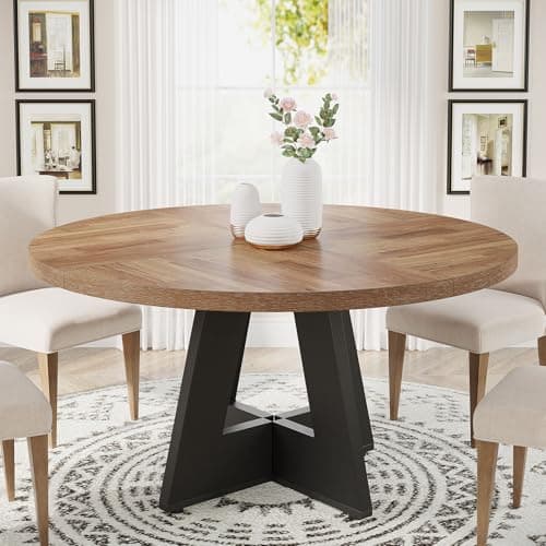 Image of Tribesigns Round Dining Table Wood Kitchen Table for Dining Room, 47" Dinning Room Tables for 4 Adult, Farmhouse Dinner Table with Wooden Tabletop and Cross Base, Vintage