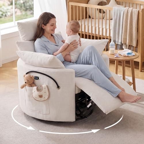 Image of DEKKETO Power Recliner Chair with Adjustable Headrest, Chenille Swivel Rocking Nursing Armchair for Nursery, Lounge Chair with USB Port, Phone Holder, 2 Cushions, 200kg Capacity, Electric, White