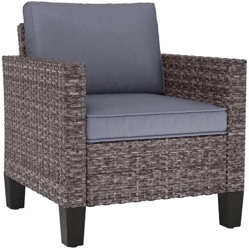 Image of Outsunny Single Seater Rattan Garden Armchair, PE Wicker Rattan Chair with Armrests and Cushions, Garden Chair with Galvanised Steel Frame for Conservatory, Porch, Dark Grey