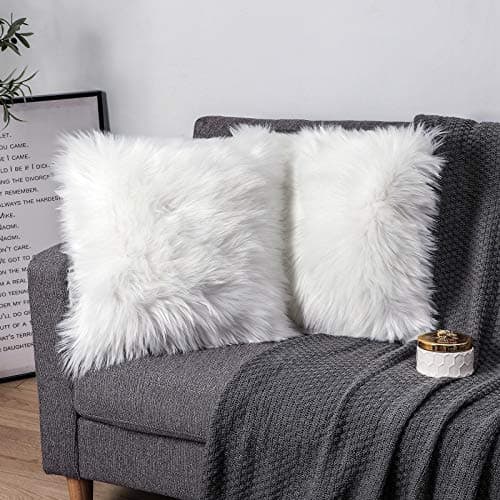 Image of Sweetwill Pack of 2 Decorative Cushion Covers White 50x50CM Decorative Cushion Sheepskin Lambskin Faux Fur Long Hair Sofa Cushion Cuddly Cushion