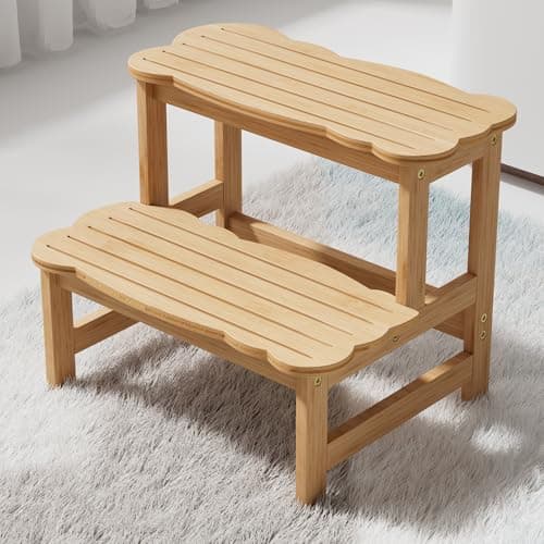 Image of COSYLAND Step Stool for Kids - Wodden Two Step Stools 300 lbs Capacity with Safety Non-Slip Pads - Cute Step Stool for Bathroom/Kitchen (Natural)
