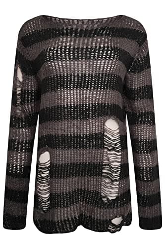 Image of Ro Rox Gothic Knitted Jumper with Distressed Look - Oversized Pullover with Ripped Design, Long Sleeves, Loose Fit, 90s Grunge Style Stripe Pattern, Grey, S-M