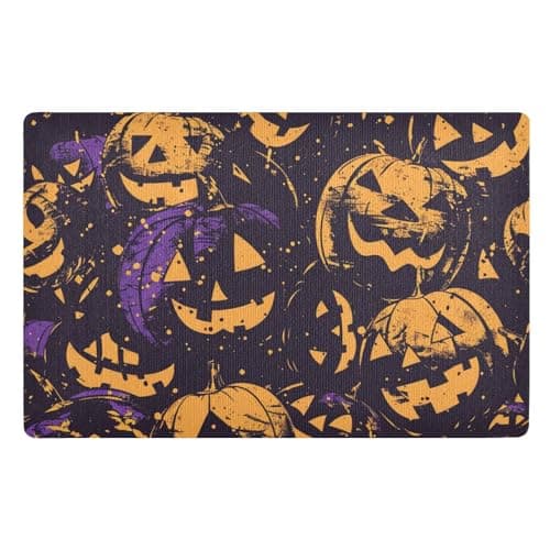 Image of Happy Bluray Pumpkins HalloweenLow Profile Entrance Mat 32x20in Non Slip Rubber Ultra Thin for Stairs Terrace Garage Laundry Balcony