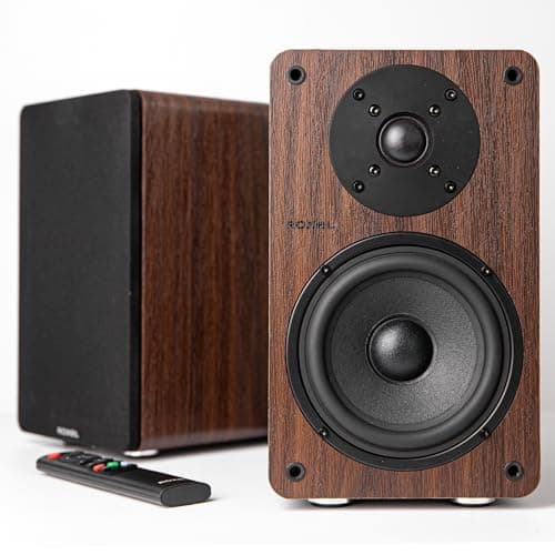 Image of Roxel Onyx Active Bookshelf Speakers, 100-Watt RMS Power, Wireless BT 5.0 Streaming, HDMI ARC, 3-Metre Speaker Cable, Dynamic Sound for Movies, Music, Office, Home Theatre (Walnut)