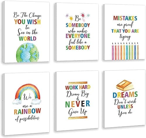 Image of HPNIUB Colorful Rainbow Art Print, Set of 6 Pieces (12X16inch) Canvas Kids Motivational Quote Wall Art, Positive Painting With Framed Ready to Hang for Chirldren’s Classroom or School Decor