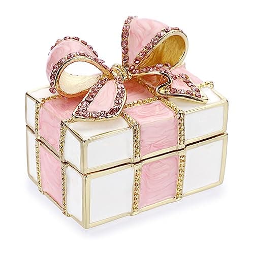 Image of SUMNACON Mini Bow-knot Gift Box Style Jewelry Trinket Box, Decorative Enamel Hinged Small Jewelry Organizer, Wedding Ring Box Earrings Organizer Necklace Holder for Women Girls (Pink + White)