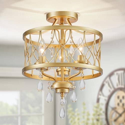 Image of WUZUPS Chandelier 3-Light Vintage Farmhouse Industrial Semi-Flush Mount Ceiling Light Modern Lighting Fixture for Foyer Bedroom Hallway Storage Room Kitchen Bathroom, H 40.6 x W 32.5, E14 Base, Gold