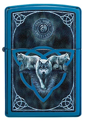 Image of Zippo Windproof Lighter - Wolves Design by Anne Stokes - High Polish Blue Finish - Refillable - Reusable - Windproof Design - Gift Box - Metal - Made in USA