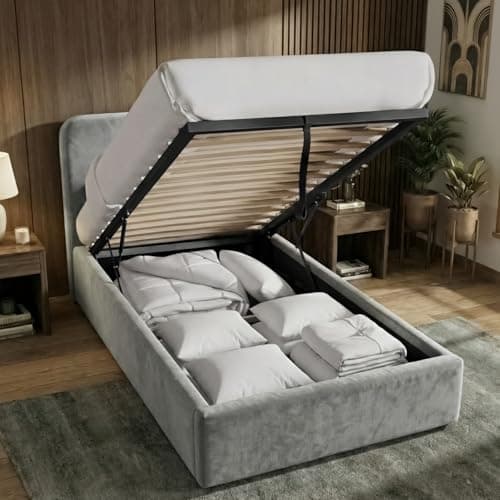 Image of Blisswood Single Ottoman Bed Frame 3FT, Upholstered Velvet Bed with Headboard, Gas Lift Storage Base & Wooden Slats, Small Single Bed for Kids Teens Girls or Guest Bedroom (3ft Light Grey No Mattress)