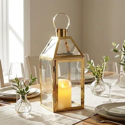 Image of JHY Design Gold Decorative Lanterns Stainless Steel Candlesticks, 34cm High Hanging Candle Holder Balcony Accessories for Indoor Outdoor Parties Wedding Gift Garden Hallway Patio Living Room
