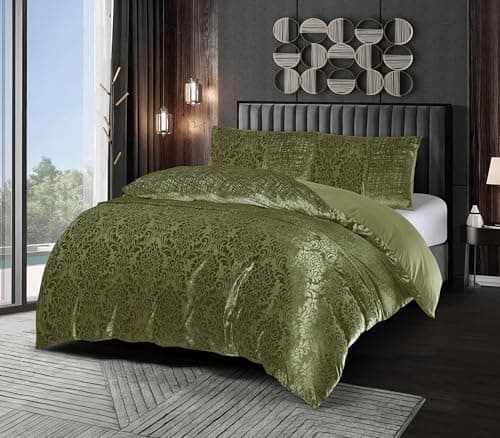 Image of 3 Piece Luxury Jacquard Duvet Cover Set, Velvet Damask 100% Polyester Bedding – Quilt Cover With Pillowcases Double King SuperKing (Green, Double)
