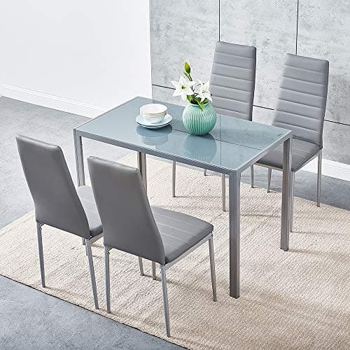 Image of Panana Dining Table and Chairs, Set of 4. Tempered Glass Dining Table with 4 PU Leather Dining Chairs. Dining Room Table Sets for Home and Kitchen Furniture (Grey, 120x80x75cm)