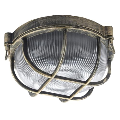 Image of Antique Brass & Ribbed Glass Outdoor Vintage Round Flush Bulkhead Wall Light | 27cm Diameter | IP44 Rated | 1 x ES E27 Lamp Bulb Required | Bathroom Use | UK Approved | Low Profile Height Only 11cm