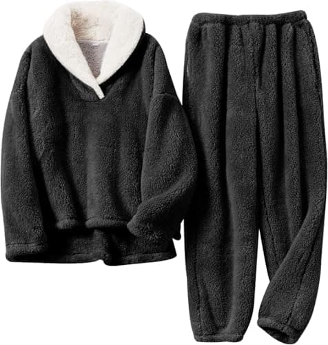Image of Famulily Women 2 Piece Pyjamas Set Long Sleeve Cosy Sleepwear Plush Pullover Shirt and Fleece Long Pants Black XL