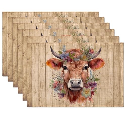 Image of Highland Cow Placemats Set of 6,Table Mats Non-Slip Heat Resistant Washable Placemat for Party Kitchen Dining Table Decoration Indoor Outdoor