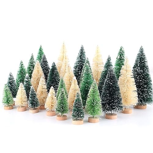 Image of 30 Pcs Bottle Brush Trees, Miniature Christmas Tree, Mini Christmas Tree 1.8/2.6/3.4/3.9/4.7 Inch, Christmas Decorations Indoor (GrassGreen+Green+White)