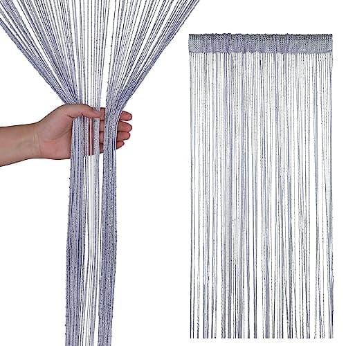 Image of Trimming Shop String Curtains Glitter Fringe Panel Fly Screen Doorway Curtain Closet Window Doors Sequin Sheer Room Divider Tassel for Doorway, Windows, Home Decoration, 200cm x 90cm, Silver