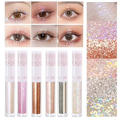Image of 6Pcs Liquid Glitter Eyeshadow Eyeliner, Korean Makeup, Bling Under Eye Shadow, Shimmer Eye Make Up Valentine's Day Gift Set,Long Lasting,Quick Drying & Pigmented Loose Glitter Glue for Crystals Makeup