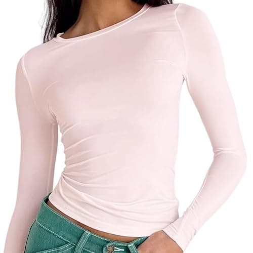 Image of OYIGELZ Women's Basic Long Sleeve Shirt Crew Neck Slim Fit Crop Top Y2K T-Shirt Casual Blouse Tee Tops Streetwear(Light Pink-T1,XS)