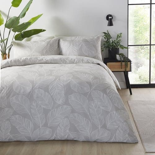 Image of Fusion Matteo Natural Leaf Print Duvet Cover – King Size 230x220cm – Reversible Design – Soft Cotton – White & Linen Botanical Bedding – 2 Pillowcases Included