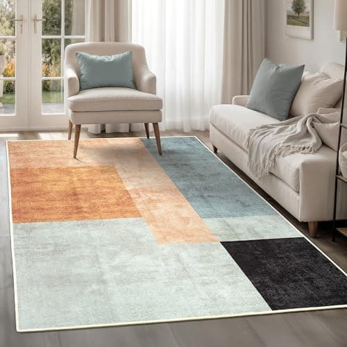 Image of artyrugs Machine Washable Rug, 200x290cm, 75% Recycled Cotton, Short Pile, Non-Slip Backing, Non-Shedding, Suitable for Living Room, Bedroom, Kitchen, Hallway, Office, Retro Blocks