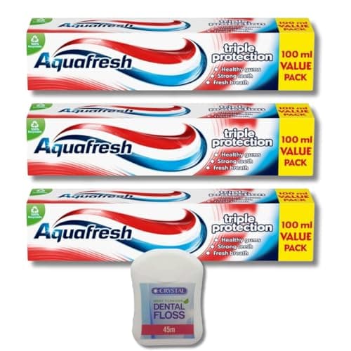 Image of Aquafresh Triple Protection Toothpaste Bundle - Includes 3 x 100ml Tubes of Aquafresh Triple Protection Toothpaste & 1 x 45m Crystal Dental Floss - Complete Oral Hygiene Kit by Kevagh