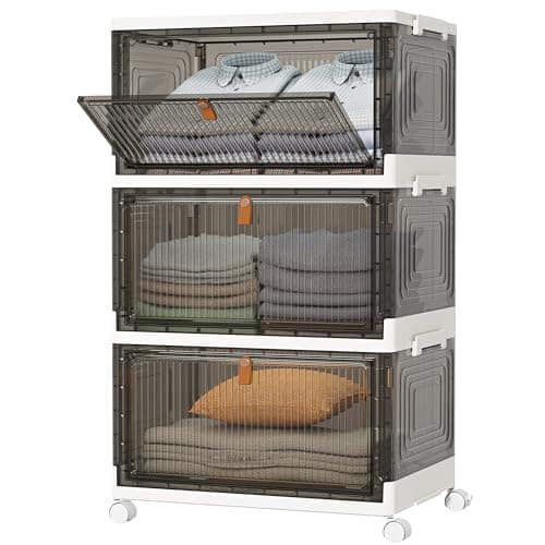 Image of HOMIDEC Wardrobe Storage Organiser,3 Tier Stackable Clothes Storage Boxes with Wheels,Folding Drawers for Clothes,Cupboard Organiser for Bedroom Wardrobe Bathroom Kitchen,Grey 33L*3 Pack