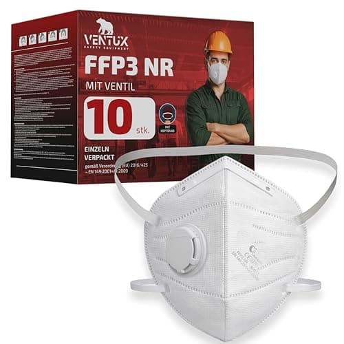 Image of VENTUX SAFETY EQUIPMENT FFP3 Mask with Valve – 10 Pack | Valved FFP3 Respirator Disposable Individually Wrapped | FFP3 Face Mask Valve Head Straps | High Filtration >99% | EN 149:2001