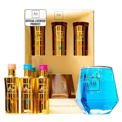 Image of Au Vodka Gift Set - Blue Raspberry, Juicy Peach & Pink Lemonade Flavoured Vodka 5cl Mini & Diamond Cut Gold Glass - Official Licensed, Gifts for Men, Women, Birthday - Alcohol Gift Set, Fathers Day