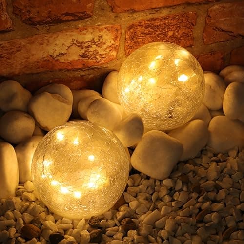 Image of 10.5cm (4") 2 x Battery Operated Cracked Glass Domes with Warm White LED Fairy Lights - Garden Decorations