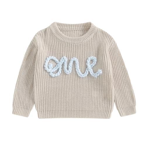 Image of Newborn Baby Girl Warm Clothes Long Sleeve Knit Sweater Knitted Pullover Jumper Top Sweatshirt Letters Embroidery Chunky Knitwear Toddler Infant Girls Fall Winter Outfits (Khaki, 12-18 Months)