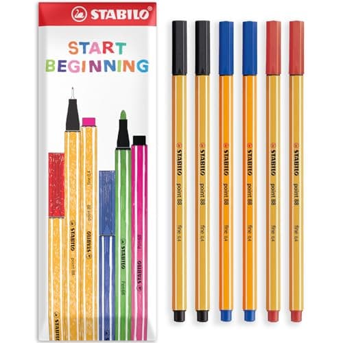 Image of STABILO point 88 Fineliner Pen - 0.4mm Fine Line Width - Pack of 6 Pens (Black, Blue, Red)